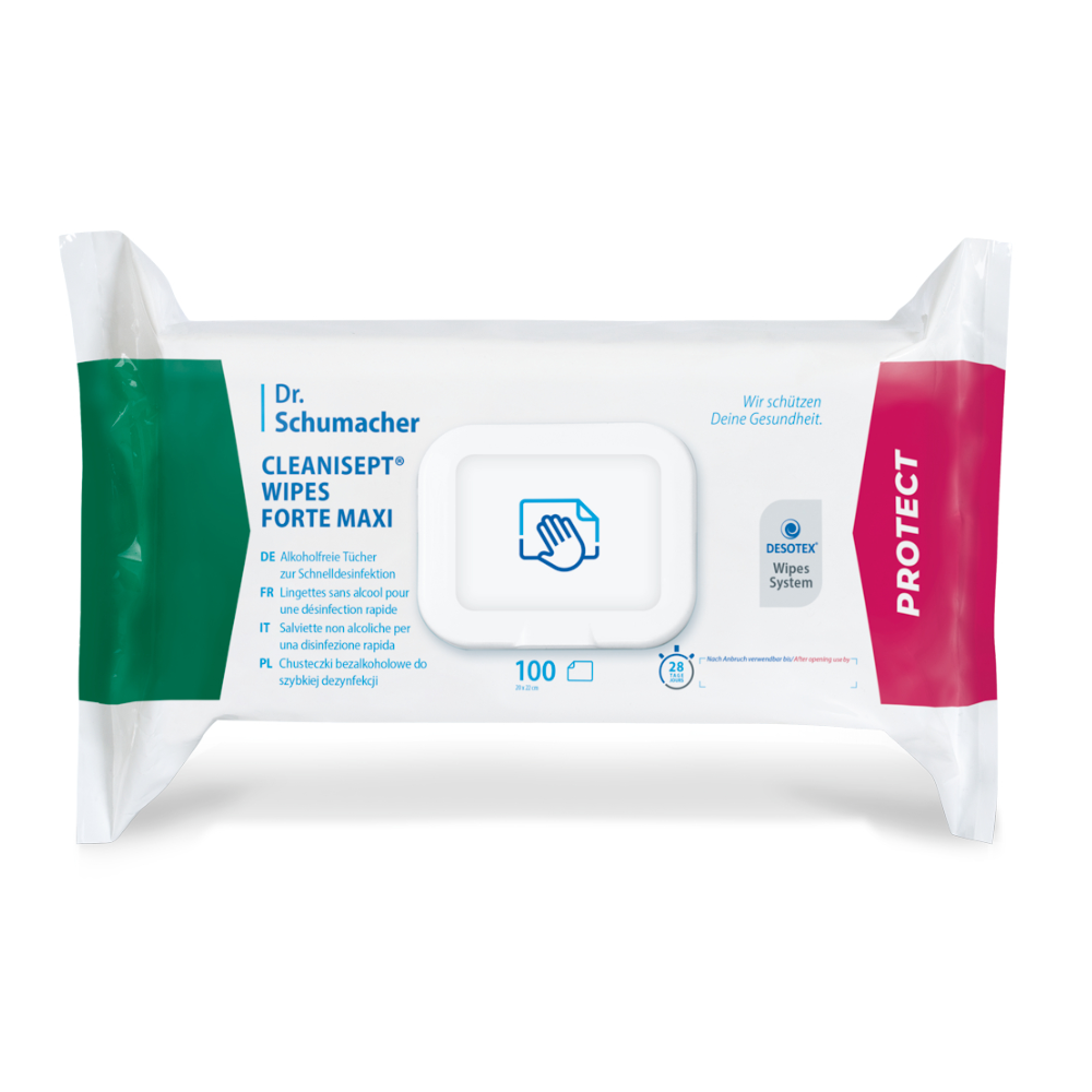 Abgebildet ist eine Packung Dr. Schumacher Cleanisept® Wipes Forte Max | Packung (100 Tücher) von Dr. Schumacher GmbH. Die überwiegend weiße Packung weist grüne und rote Akzente auf und enthält 100 alkoholfreie Desinfektionstücher. Sie zeigt in der Mitte ein Bild einer Hand sowie eine Spenderöffnung und enthält mehrsprachige Etiketten und Texte, die für die viruziden Desinfektionseigenschaften werben.