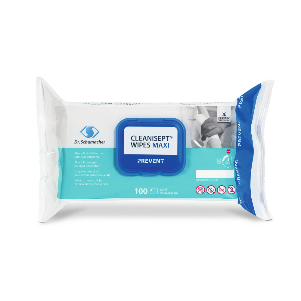 Abgebildet ist eine Packung Dr. Schumacher Cleanisept® Wipes Maxi Desinfektionstücher | Packung (100 Tücher) von Dr. Schumacher GmbH. Die weiße Packung mit blauen Akzenten enthält 100 alkoholfreie Desinfektionstücher. Das Etikett weist darauf hin, dass es sich um antibakterielle Desinfektionstücher mit den Maßen 20 cm x 20 cm handelt, und enthält Warnhinweise und Verwendungssymbole.