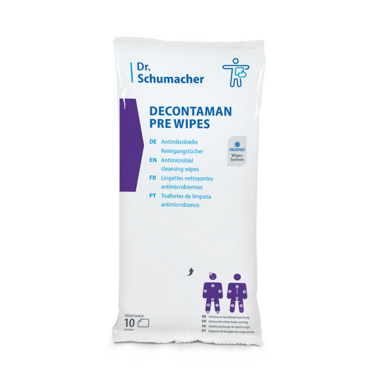 Das Bild zeigt eine Packung Dr. Schumacher Decontaman Pre Wipes Reinigungstücher von Dr. Schumacher GmbH, ideal für die antimikrobielle Reinigung. Die weiße Packung ist mit blauem und violettem Text versehen und bietet Produktdetails in mehreren Sprachen, zusammen mit Anwendungsillustrationen und einem Hinweis auf 10 Tücher, die 2 % Chlorhexidin enthalten.