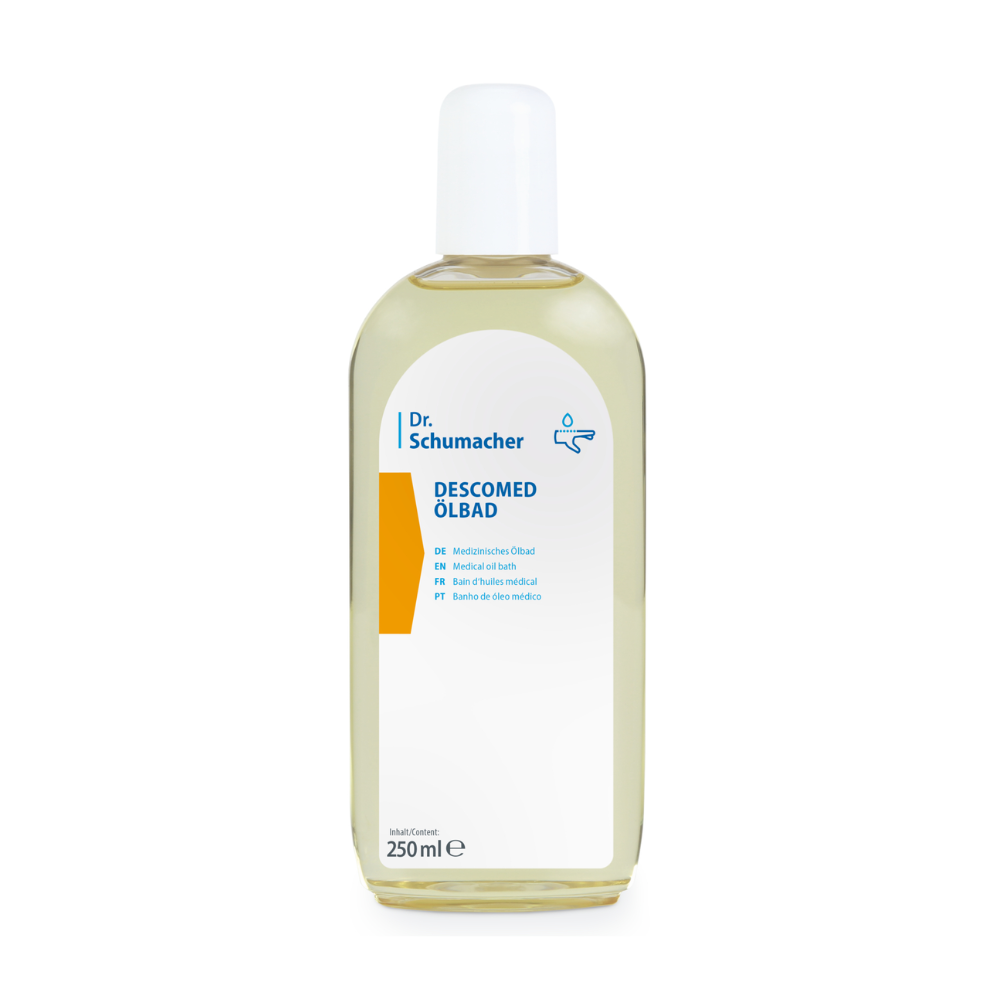 A clear plastic bottle with a white cap contains Dr. Schumacher Descomed Oil Bath | Bottle (250 ml) by Dr. Schumacher GmbH. The multilingual label provides information about the product and quantity and is ideal for the care of dry skin.