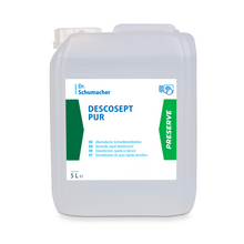 A 5L transparent plastic container of Dr. Schumacher DESCOSEPT PUR, rapid disinfection by Dr. Schumacher GmbH, with multilingual instructions and a green "PRESERVE" stripe on the right side. Perfect for rapid disinfection of medical devices.