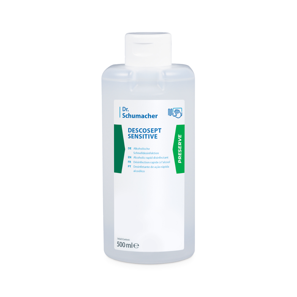 A 500 ml bottle of Dr. Schumacher Descosept Sensitive Rapid Disinfection from Dr. Schumacher GmbH, developed for the disinfection of medical products. The transparent bottle features a white label with the product name and usage instructions in several languages, including English, German, and French, as well as a green 'Preserve' label on the side.