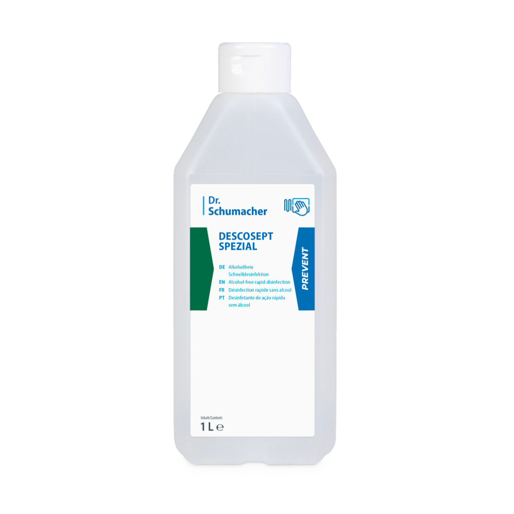 Abgebildet ist eine Ein-Liter-Flasche des Desinfektionsmittels Dr. Schumacher Descosept Spezial Schnelldesinfektion. Die weiße Flasche trägt ein Etikett mit blau-grünem Text, das auf die Verwendung als alkoholfreies Desinfektionsmittel für medizinische Geräte und Oberflächen hinweist.