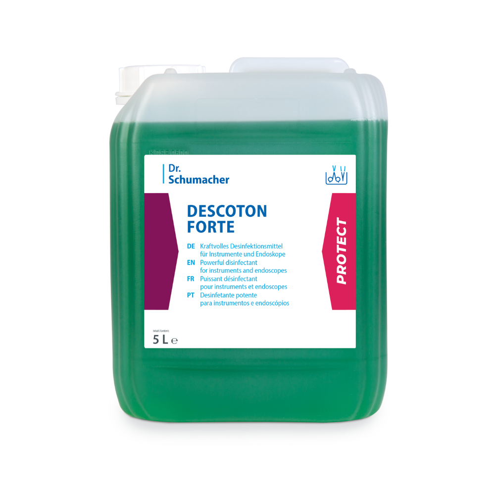 A 5-liter container made of transparent plastic with the disinfectant solution Dr. Schumacher Descoton Forte, instrument disinfection 5 liters | Canister (5 l) by Dr. Schumacher GmbH for the disinfection of medical instruments and endoscopes. The label contains text in several languages and features red and white accents. The container contains a green liquid and has a white screw cap.