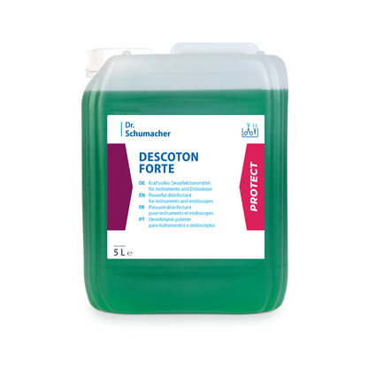 A 5-liter container made of transparent plastic with the disinfectant solution Dr. Schumacher Descoton Forte, instrument disinfection 5 liters | Canister (5 l) by Dr. Schumacher GmbH for the disinfection of medical instruments and endoscopes. The label contains text in several languages and features red and white accents. The container contains a green liquid and has a white screw cap.