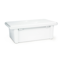The Dr. Schumacher instrument tray from Dr. Schumacher GmbH is a white, rectangular storage container made of plastic with a fitted lid and short corner feet, designed for disinfecting medical instruments. Pictured on a solid white background.