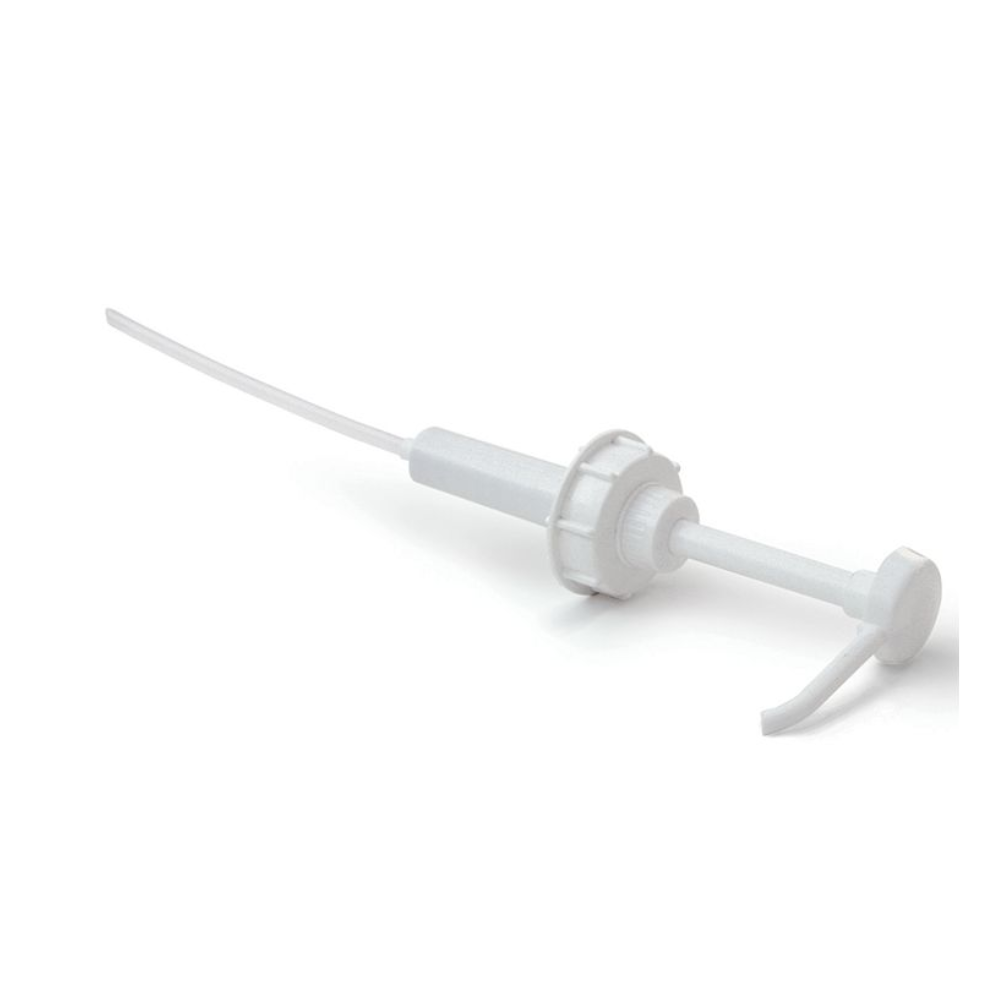 The canister dosing pump from Dr. Schumacher is a white plastic pump with a long nozzle and screw cap, specially designed for dispensing 30 ml of liquids from 2, 5, or 10-liter containers, making it ideal for disinfection products.