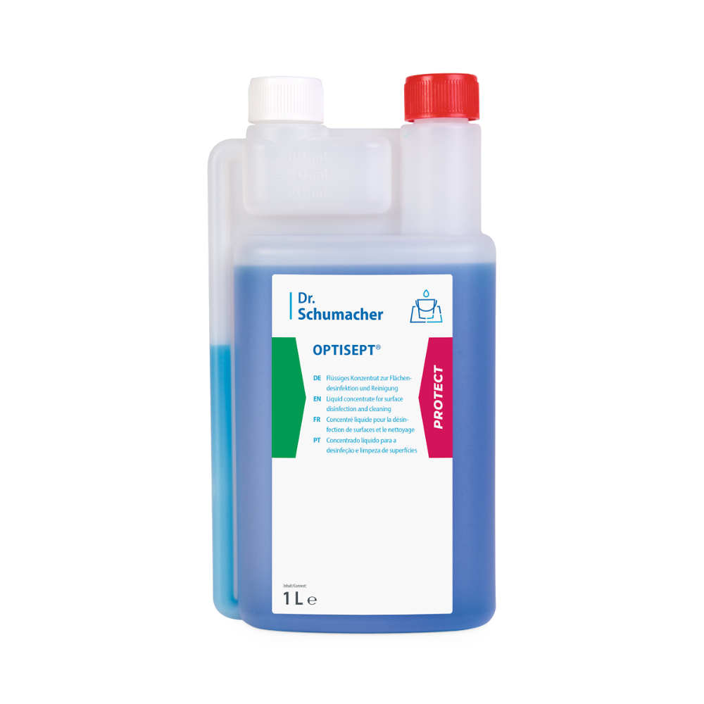 Eine 1-Liter-Flasche Dr. Schumacher Optisept Desinfektionsreiniger von Dr. Schumacher GmbH, ideal zur Flächendesinfektion. Der transparente Behälter gibt den Blick auf die blaue Flüssigkeit frei und ist mit einem roten Deckel verschlossen. Sein weißes Etikett mit mehrsprachigen Anwendungshinweisen und einem Schildsymbol mit der Aufschrift „PROTECT“ sorgt dafür, dass er in jedem medizinischen Inventar auffällt.