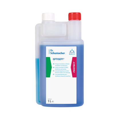 A 1-liter bottle of Dr. Schumacher GmbH OPTISEPT® Disinfectant Cleaner Concentrate with measuring chamber, blue liquid, red-white cap, and white multilingual label.