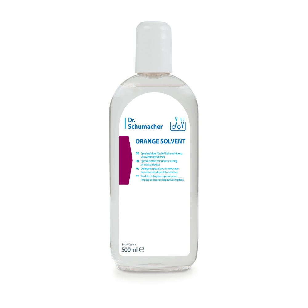 Eine 500-ml-Flasche Dr. Schumacher Orange Solvent Instrumentenreiniger - 500 ml | Flasche der Dr. Schumacher GmbH hilft Ihnen dabei, hartnäckige Rückstände von medizinischen Instrumenten effizient zu entfernen. Die transparente Flasche mit weißem Verschluss und ausführlichem mehrsprachigem Etikett zeigt den Produktnamen deutlich sichtbar auf dem Etikett.