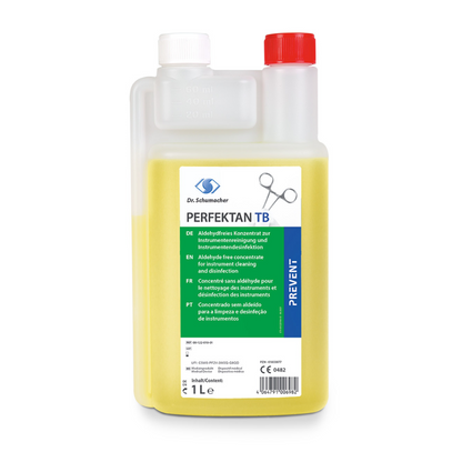 The image shows a 1-liter bottle of Dr. Schumacher PERFEKTAN TB Instrument Disinfection, a medical disinfectant solution from Dr. Schumacher GmbH. The bottle contains a yellow liquid and features a white dosing mechanism with measurement markings. The label includes multilingual text highlighting the "antimicrobial effectiveness" and "material-friendly" properties, with a blue "PREVENT" band on the right side.