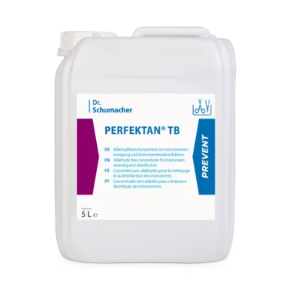 A white 5-liter container with Dr. Schumacher PERFEKTAN TB Instrument Disinfection from Dr. Schumacher GmbH. The label includes multilingual text indicating that it is a concentrated solution for instrument cleaning and disinfection, which is material-friendly and offers antimicrobial effectiveness. The container has a small handle on top.