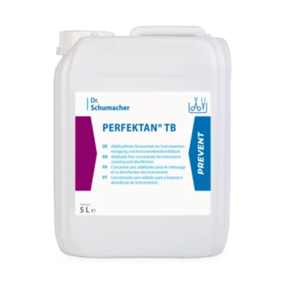 Ein weißer 5-Liter-Behälter mit Dr. Schumacher PERFEKTAN TB Instrumentendesinfektion von Dr. Schumacher GmbH. Das Etikett enthält mehrsprachigen Text und weist darauf hin, dass es sich um eine konzentrierte Lösung zur Instrumentenreinigung und -desinfektion handelt, die materialschonend wirkt und antimikrobielle Wirksamkeit bietet. Der Behälter hat oben einen kleinen Griff.