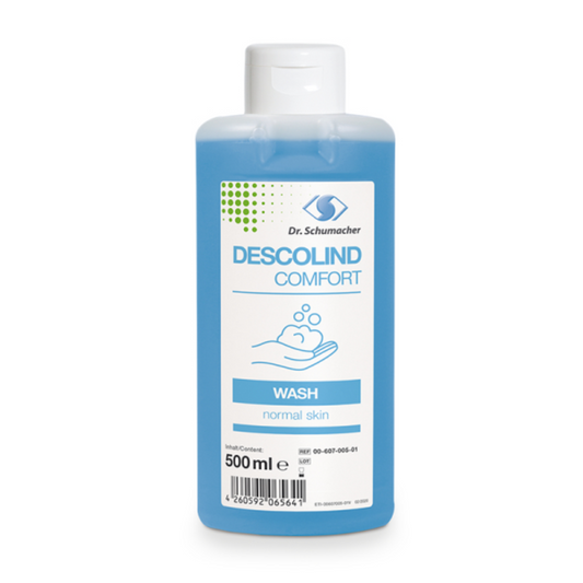 Eine Flasche Dr. Schumacher Waschlotion Descolind Comfort Wash für normale Haut, 500 ml. Die blaue Flasche mit weißem Verschluss trägt ein Etikett mit dem Produktnamen, einer Grafik von gewaschenen Händen und weiteren Produktinformationen. Genießen Sie den frischeren Duft der Dr. Schumacher GmbH, während Sie Ihre Haut sanft und effektiv reinigen.