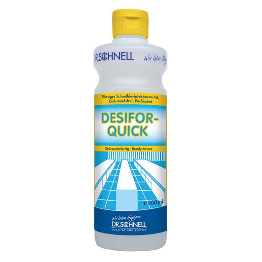 Eine 500 ml Flasche Dr. Schnell DESIFOR-QUICK Flächendesinfektion der DR.SCHNELL GmbH & Co. KGaA, gebrauchsfertig, mit gelbem Verschluss und blau-weiß-gelbem Etikett – ideal für hygienesensible Bereiche.