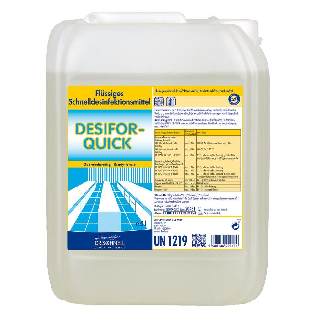 Ein 5-Liter-Behälter Dr. Schnell DESIFOR-QUICK Flächendesinfektion der DR.SCHNELL GmbH & Co. KGaA, mit blau-gelbem Etikett und deutscher Gebrauchsanweisung, ideal zur Flächendesinfektion in sensiblen Umgebungen.