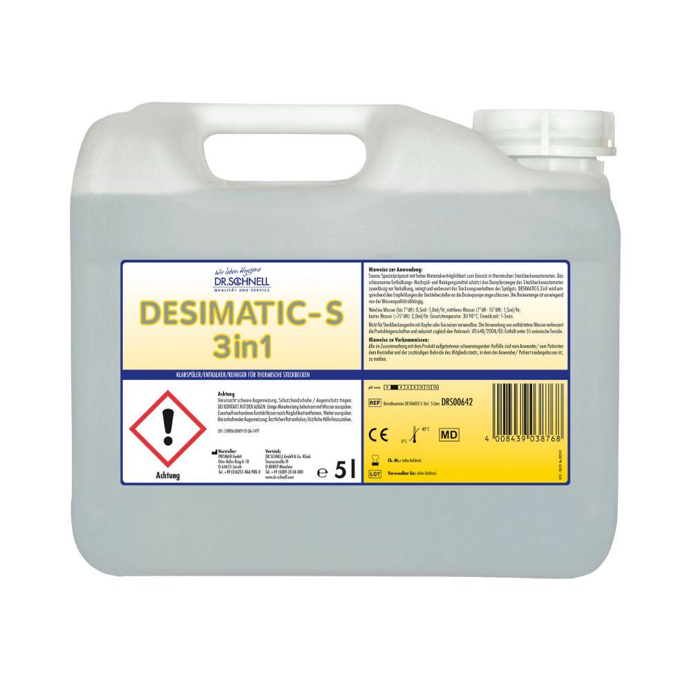 A 5-liter plastic canister Dr. Schnell DESIMATIC-S 3in1 Rinse Aid, Cleaner, Descaler for machines from DR.SCHNELL GmbH & Co. KGaA, with handle, screw cap, hazard symbol, and German product information label for professional use.
