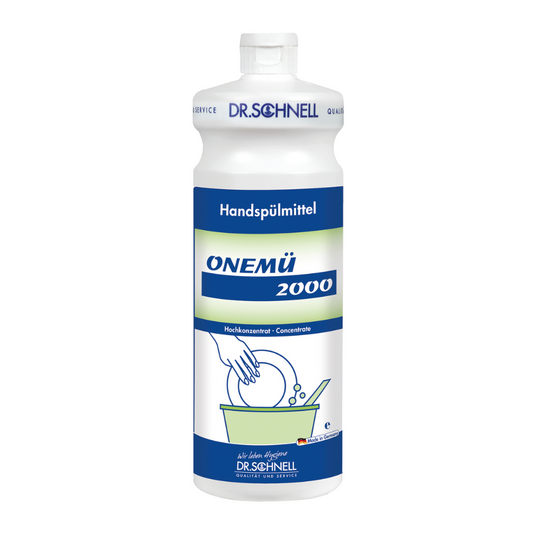 Eine weiße Flasche Dr. Schnell ONEMÜ 2000 Universalreiniger und Handspülmittel von DR.SCHNELL GmbH & Co. KGaA trägt ein deutsches Etikett, das es als hochkonzentriertes Geschirrspülmittel zum Spülen von Hand kennzeichnet und eine umweltfreundliche, biologisch abbaubare Formel sowie eine Illustration zum Handwaschen zeigt.