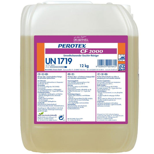 Ein 12 kg weißer Kunststoffbehälter mit Henkel mit der Aufschrift „Dr. Schnell PEROTEX CF 2000 Chlorfreier Geschirrreiniger“ der DR.SCHNELL GmbH & Co. KGaA zeichnet sich durch ein starkes Kalkbindevermögen aus und ist auf der Vorderseite mit Produkt-, Sicherheitsinformationen und einem Barcode versehen.