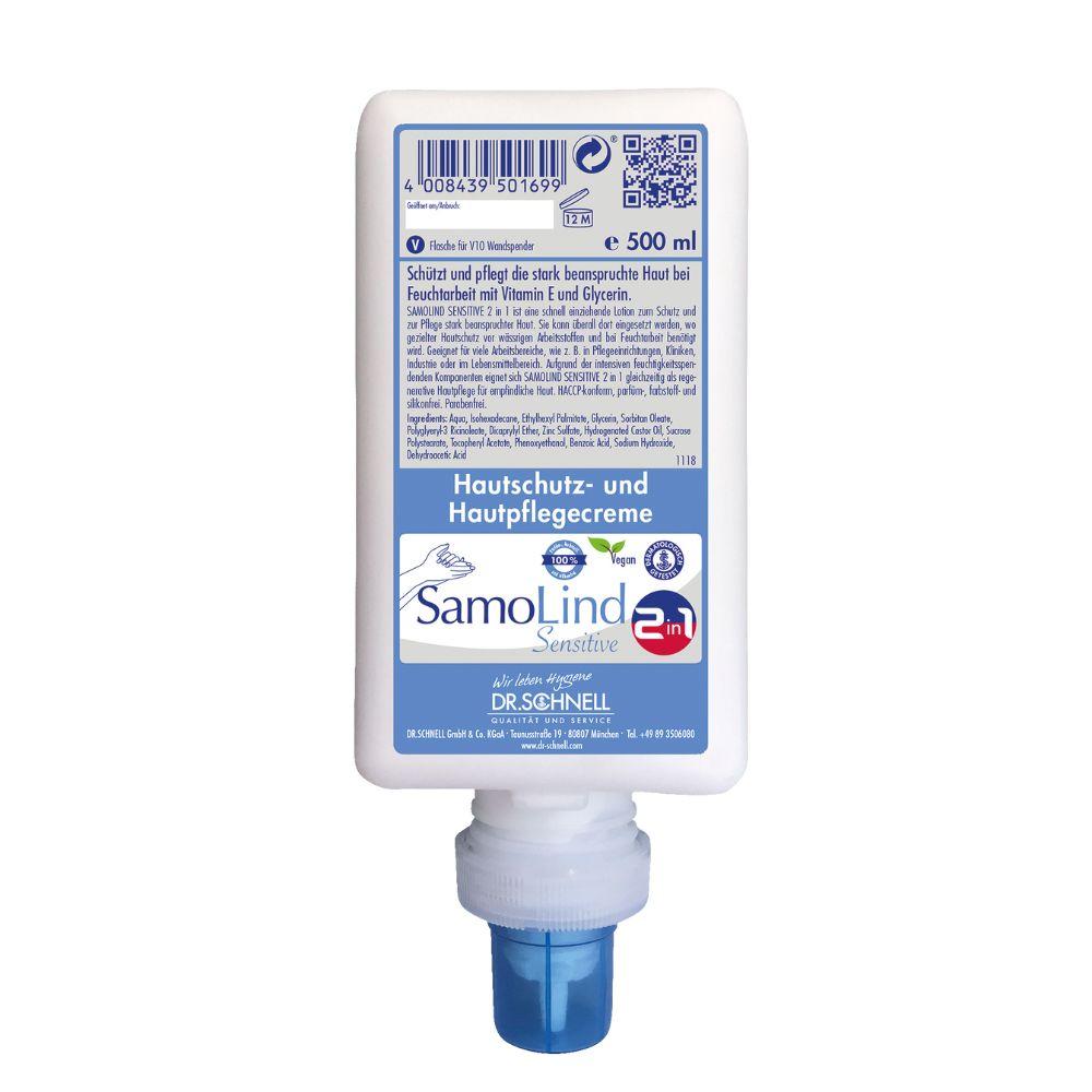 Eine 500-ml-Flasche Dr. Schnell SamoLind Sensitive 2in1 Hautschutz- und Hautpflegecreme von DR.SCHNELL GmbH & Co. KGaA, mit blauer Düse und Frontetikett mit deutschen Produktdetails.