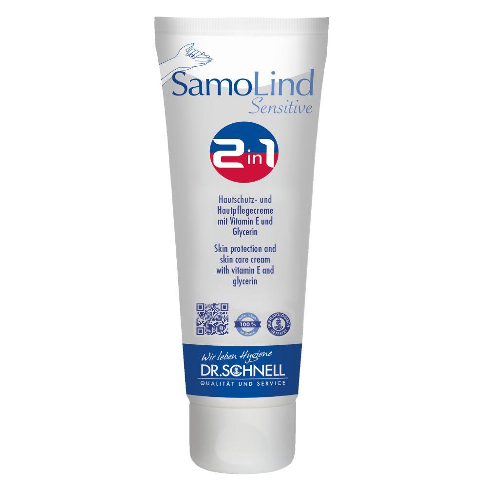 Eine weiße Tube Dr. Schnell SamoLind Sensitive 2in1 Hautschutz- und Hautpflegecreme der DR.SCHNELL GmbH & Co. KGaA, gekennzeichnet als Hautschutzcreme mit Vitamin E und Glycerin, wird aufrecht mit sichtbaren Produktdetails abgebildet.