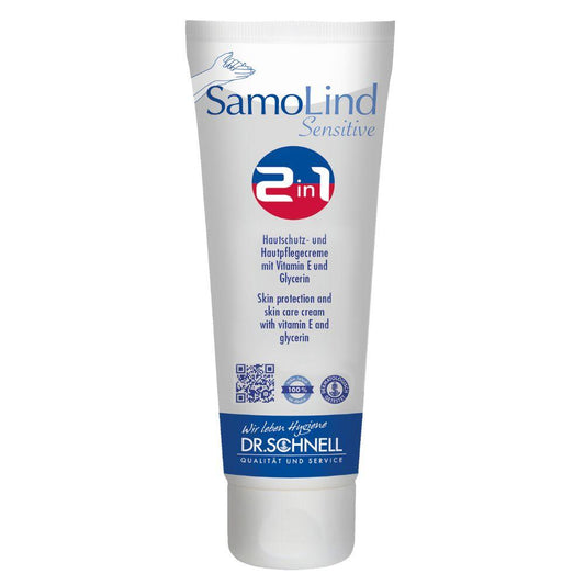 Eine weiße Tube Dr. Schnell SamoLind Sensitive 2in1 Hautschutz- und Hautpflegecreme der DR.SCHNELL GmbH & Co. KGaA, gekennzeichnet als Hautschutzcreme mit Vitamin E und Glycerin, wird aufrecht mit sichtbaren Produktdetails abgebildet.