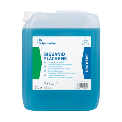 A 5L Dr. Schumacher Biguanid Surface NR Surface Disinfection Liquid Concentrate from Dr. Schumacher GmbH with a translucent blue formula for effective disinfection and cleaning, with multilingual product details on the label.