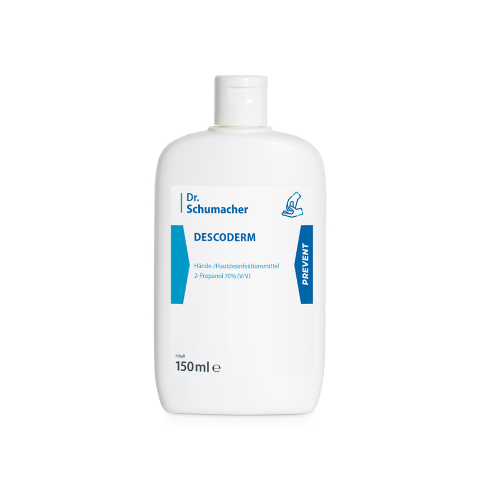 Eine 150-Milliliter-weiße Flasche Dr. Schumacher Descoderm Hautdesinfektion, ein parfümfreies Desinfektionsmittel zur Hände- und Hautdesinfektion mit 70 % v/v 2-Propanol, enthält ein blaues Etikett mit dem Text „PREVENT“.