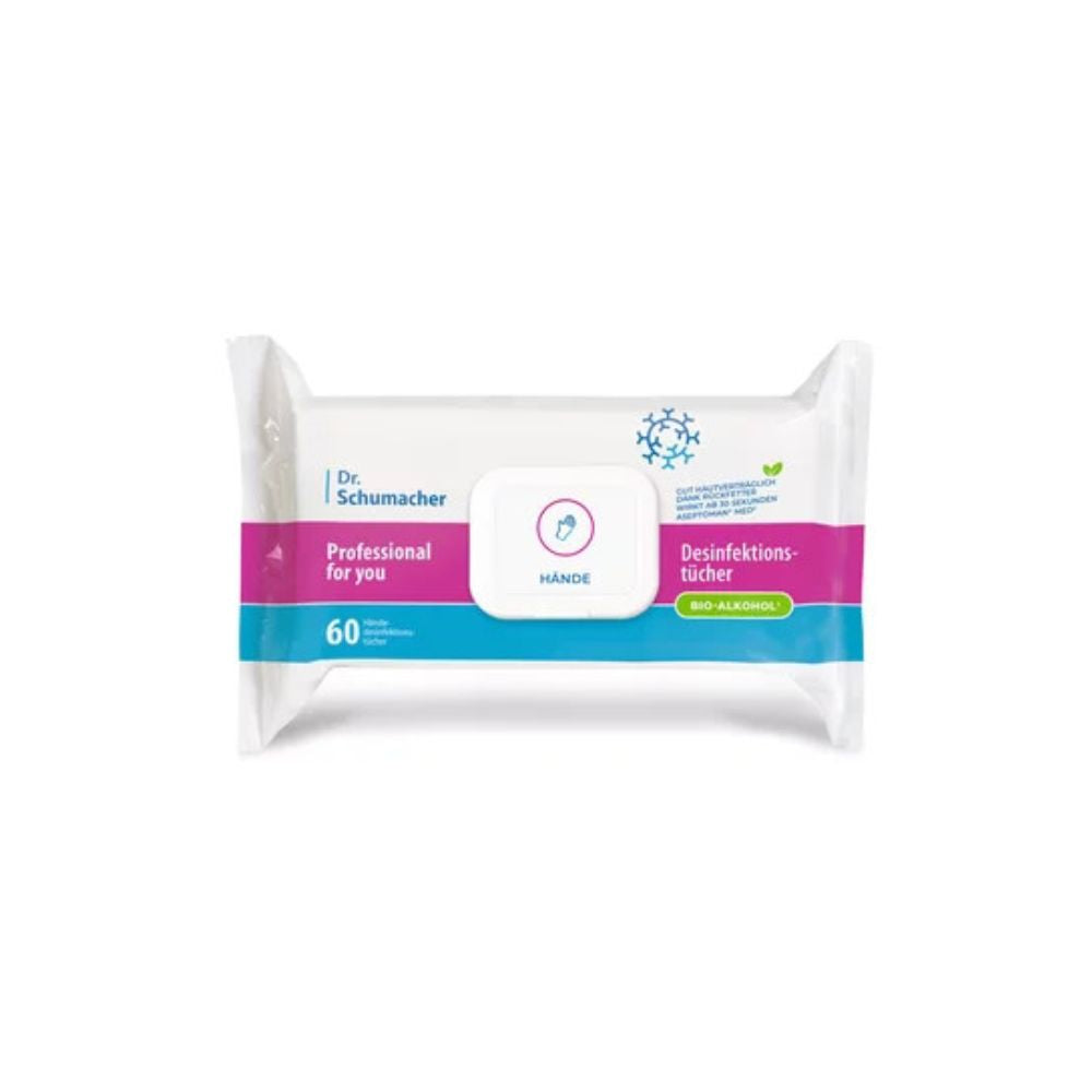 Eine Packung Dr. Schumacher PROFESSIONAL @HOME Aseptoman med Tücher für die Hände der Dr. Schumacher GmbH enthält 60 Stück und ist in den Farben Blau, Rosa und Weiß mit Bio-Alkohol erhältlich; ideal für die sanfte Hautpflege bei gleichzeitig effektiver Bekämpfung von Viren.