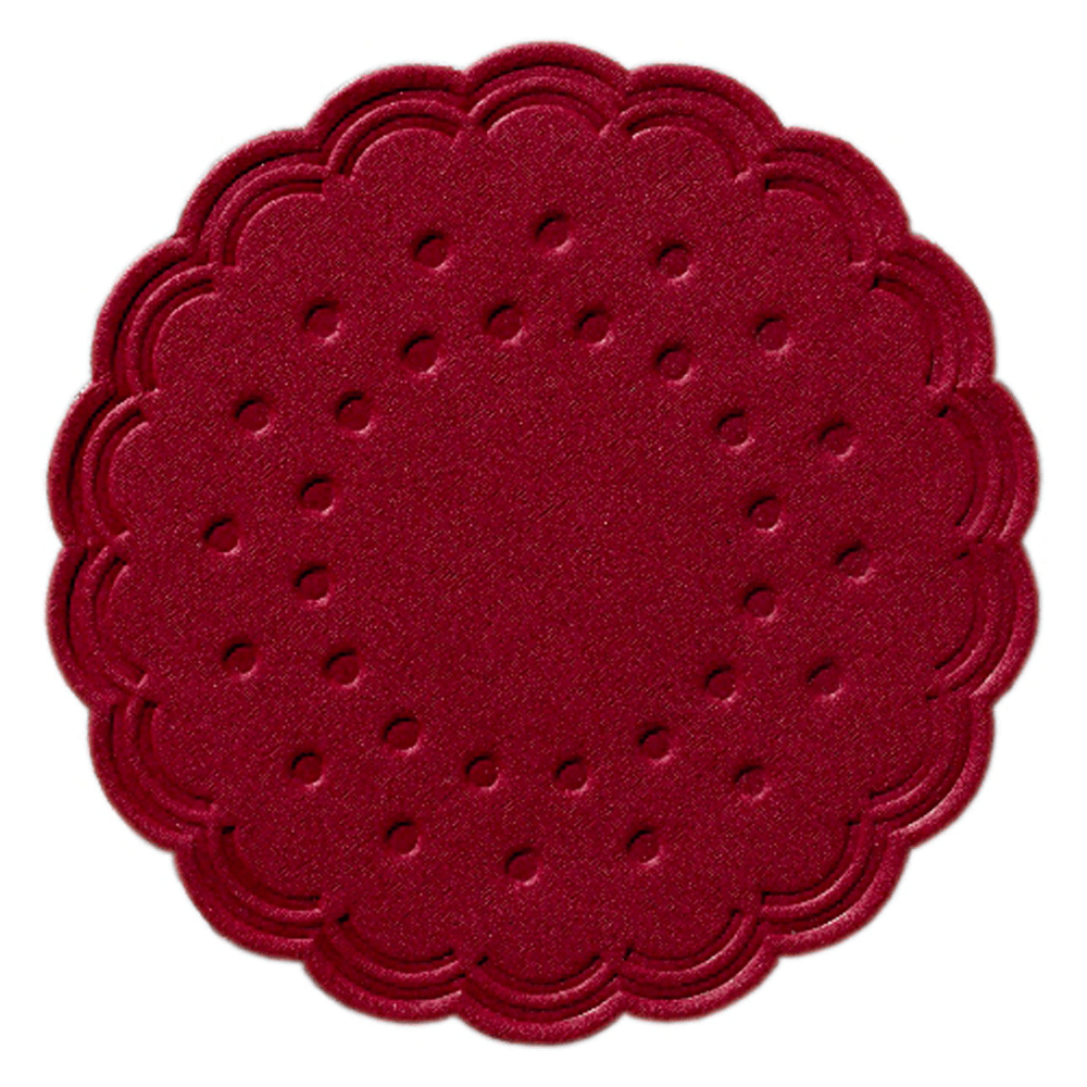 The Duni tissue coaster, a burgundy-colored, round coaster from Duni GmbH, features a scalloped edge and embossed circular indentations, combining elegance and functionality in its multi-layered design.