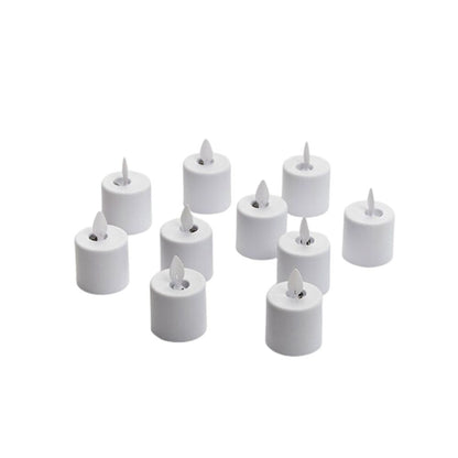 Ten white "LED Moving Flame, 38x36 mm" candles from Duni GmbH with realistically flickering tips are arranged in a loose group on a plain white background.