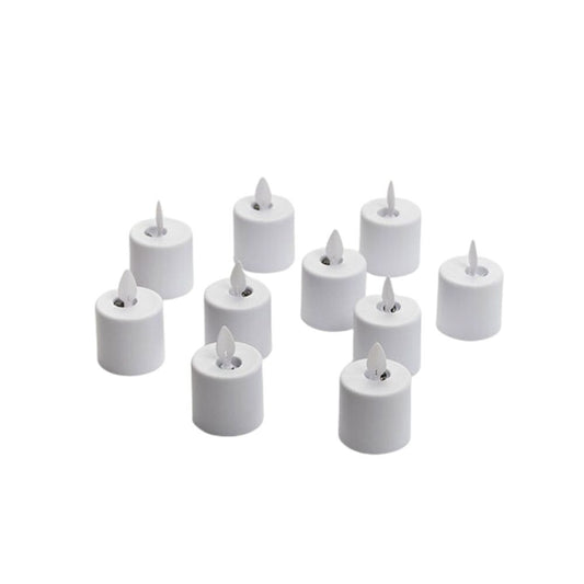 Zehn Duni LED-Kerzen aus dem Set der Duni GmbH, komplett mit Moving Flame-Funktion, sind auf einem schlichten weißen Hintergrund platziert.
