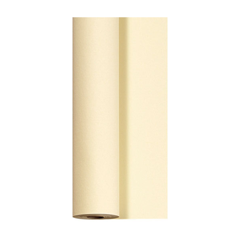 Eine große Rolle Duni Dunicel-Tischdeckenrollen (1,18 m x 40 m) von Duni GmbH steht aufrecht, teilweise ausgerollt, sodass ihre glatte beige Textur sichtbar wird. Sie hat eine einheitliche Farbe mit leichtem Schatten und ist auf einem schlichten weißen Hintergrund angebracht – perfekt für elegante Tischdekorationslösungen.
