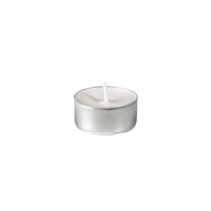 A Duni tealight candle (Ø39 mm, white, 6h burn time) from the 30-pack of Duni GmbH is placed centrally on a plain white background, has a metal casing and an unlit wick.