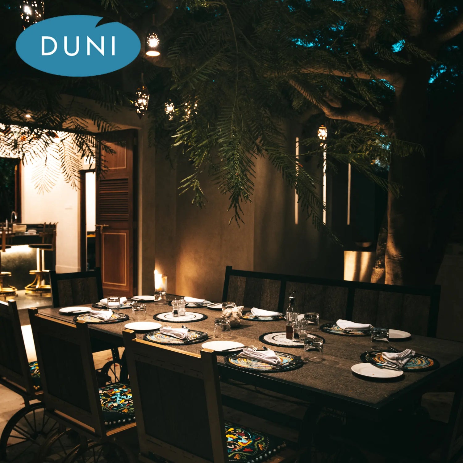 Ein festlich gedeckter Tisch im Freien unter Bäumen, mit bunten Platzdeckchen, Gläsern und Tellern, beleuchtet von sanftem Licht. Das Duni-Logo ist im oberen linken Bereich sichtbar.