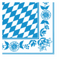 The corner features a blue and white pattern reminiscent of a Dunisoft® napkin by Duni GmbH, with a floral border of berries and leaves next to diagonal, Bavarian lozenge-like blue checkerboard lozenges on a white background, thus reflecting the elegant style of a disposable napkin.