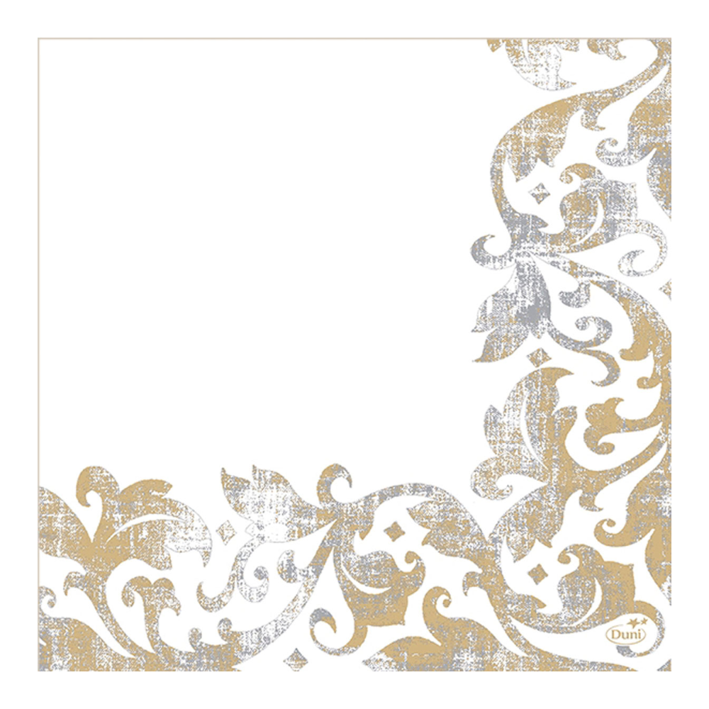 A gold and silver-colored floral pattern elegantly adorns the lower right side of the Duni GmbH Festiva White Dunisoft® napkin, 40 x 40 cm. The intricate leaf and swirl design enhances the empty space, while a subtle logo emphasizes its presence. The package contains 60 napkins.