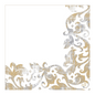 A gold and silver-colored floral pattern elegantly adorns the lower right side of the Duni GmbH Festiva White Dunisoft® napkin, 40 x 40 cm. The intricate leaf and swirl design enhances the empty space, while a subtle logo emphasizes its presence. The package contains 60 napkins.