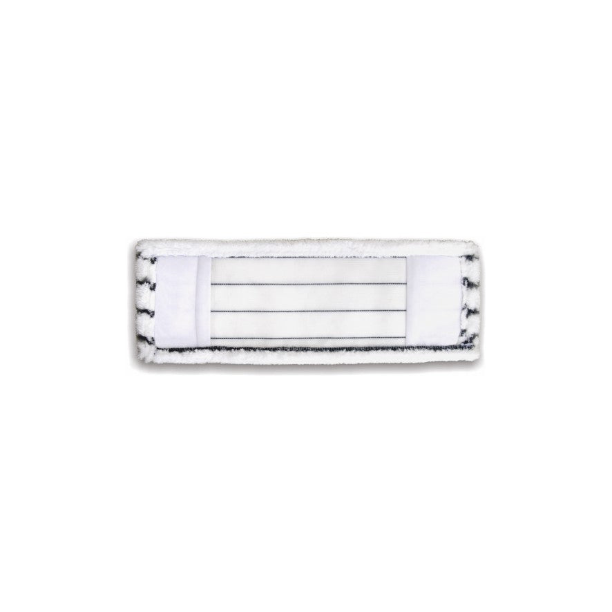 Ein rechteckiger weißer Arcora excellent abrasiv mopp 40 cm nan von Arcora International GmbH mit schwarzen Streifen und einem weißen Rand, erscheint sauber und unbenutzt, ideal zum Reinigen aller Oberflächen, abgebildet auf einem schlichten weißen Hintergrund.