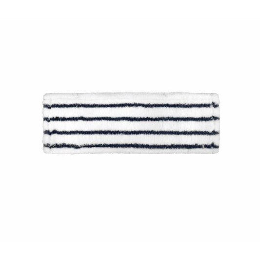 Das Arcora Excellent Abrasiv Mopp Db-Fc Grau-Weiss von Arcora International GmbH verfügt über ein weiches, flauschiges, rechteckiges Pad mit horizontalen schwarzen Streifen und einer abrasiven Oberfläche und ist damit ideal für professionelle Reinigungsaufgaben.