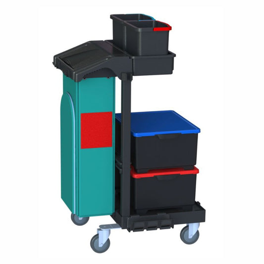 Der Arcora Ecoblack 120 Hausmeisterwagen von Arcora International GmbH verfügt über vier Räder, einen grünen Seitenbehälter, eine schwarze Ablagefläche und zwei schwarze Behälter mit rotem und blauem Deckel für eine organisierte Reinigung. Größe: 730 x 600 x 1140 mm.