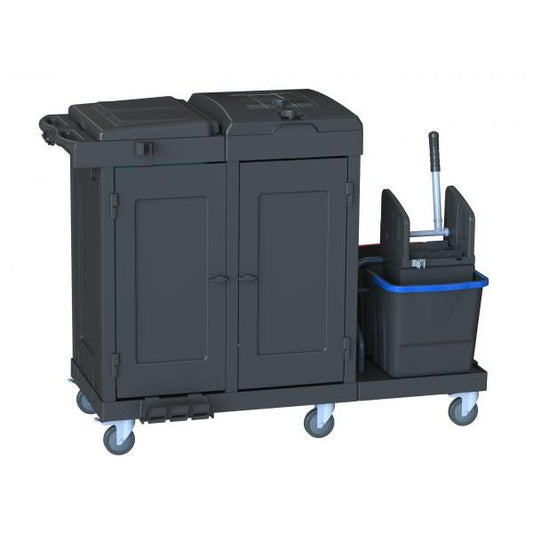 Der Reinigungswagen Arcora Ecoblack 750 der Arcora International GmbH (1410 x 680 x 1100 mm, Karton 1 Stück) verfügt über zwei Fächer, einen Mop-Eimer mit Auswringvorrichtung, vier Lenkrollen und einen Griff - ideal für den Transport von Versandverpackungsmaterial.