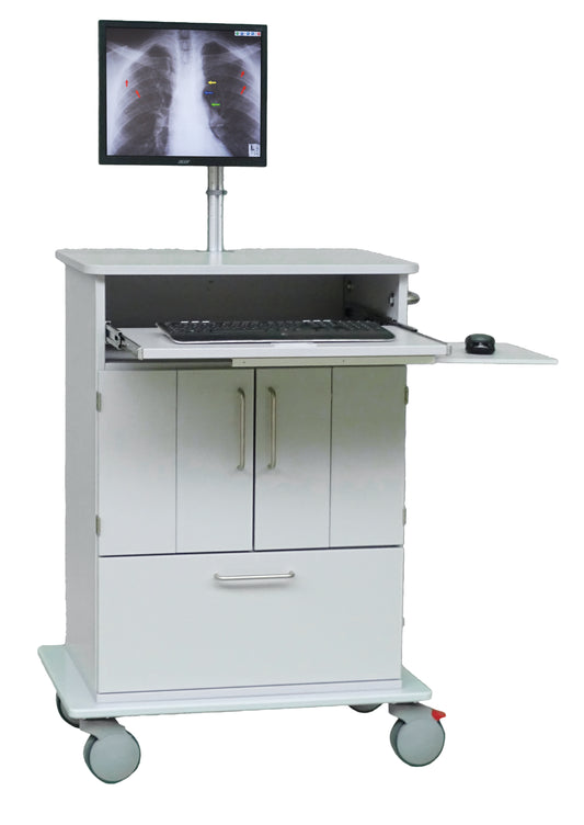 Der Novocal EDV-Wagen verfügt über eine Vollkunststoffplatte, einen Computermonitor mit Thoraxröntgenbild, ein ausziehbares Tablett für Tastatur und Maus, darunter liegende Ablagefächer und Räder für den einfachen Transport der EDV-Ausrüstung.