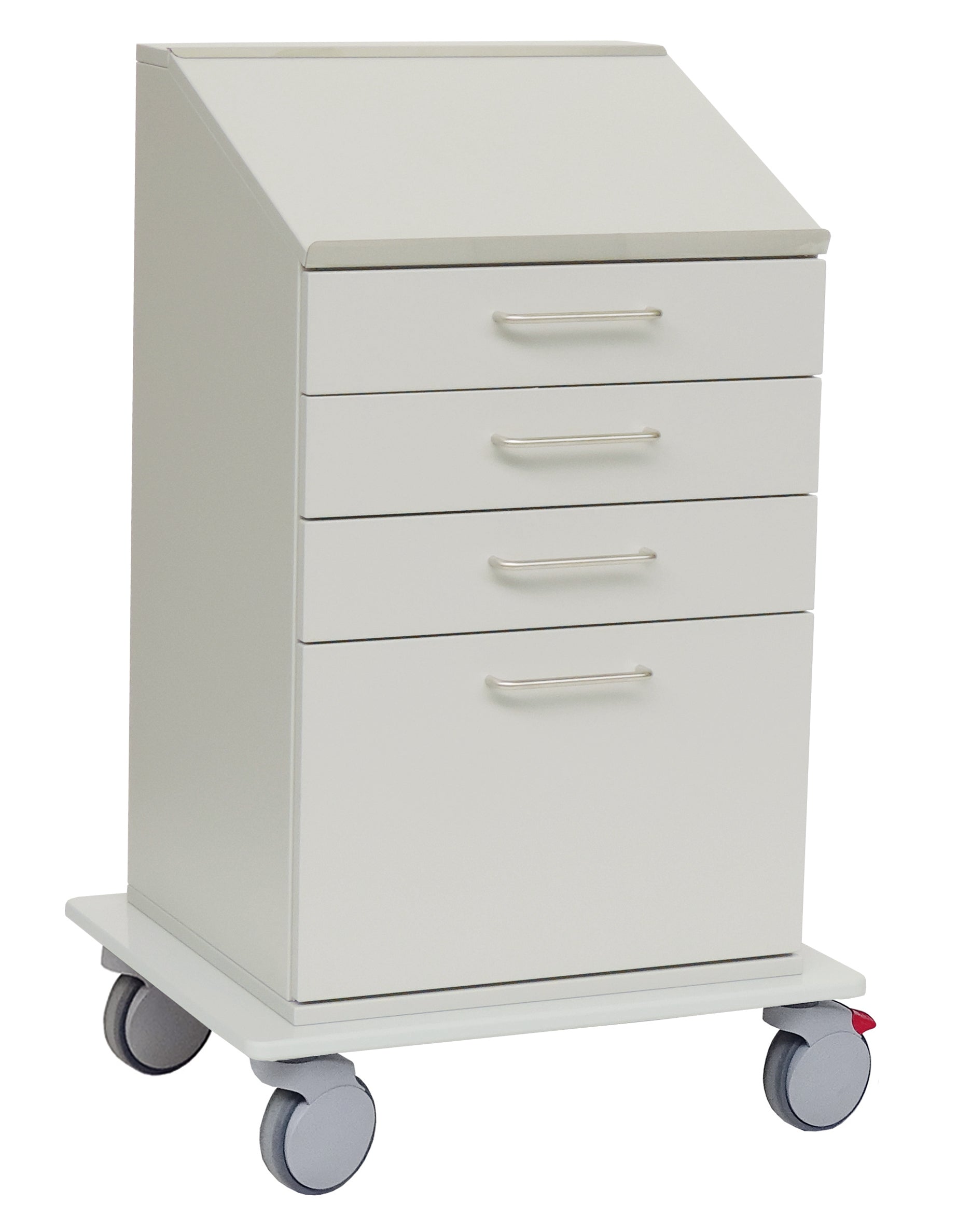 Der Novocal ergonomischer Dokumentationswagen verfügt über ein weißes Design mit vier Schubladen, eine abgeschrägte Arbeitsplatte, Metallgriffe und ein fahrbares Gestell mit vier großen grauen Lenkrollen, von denen zwei gebremst sind.