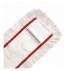 A close-up of the rectangular Arcora FIRST MOP from Arcora International GmbH, a white microfiber dust mop head with red edging and frayed edges for effective floor cleaning, depicted on a plain white background.