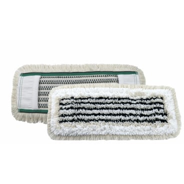 Zwei rechteckige Arcora HOSPITAL HYGIENE MOPP GRÜN Köpfe der Arcora International GmbH: der eine zeigt eine weiß-schwarz gestreifte Oberfläche für die hygienische Reinigung, der andere seine Netzrückseite und Stoffbänder mit weißen Fransen.