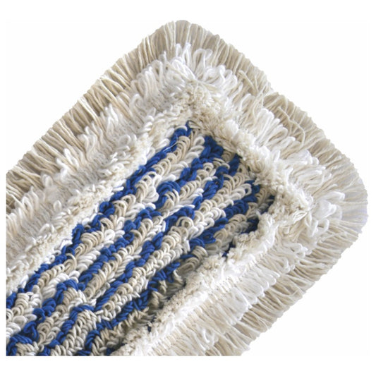 Nahaufnahme des Arcora HOSPITAL HYGIENE MOPP der Arcora International GmbH mit cremefarbenen Fransen und blau-weißem Gewebekern - ideal für die hygienische Reinigung in Krankenhäusern.
