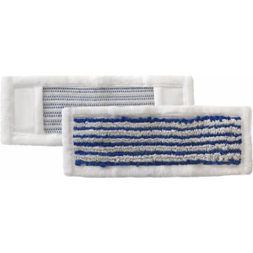Zwei rechteckige Arcora HOSPITAL HYGIENE PLUS MOPP 40 cm Einlagen der Arcora International GmbH: eine hat eine blau-grau gestreifte Mikrofaseroberfläche mit weißem Rand, die andere zeigt auf der Rückseite die einfarbig graue Netzstruktur.