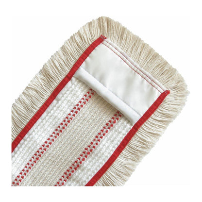 A close-up of the rectangular Arcora QUATTRO MOPP by Arcora International GmbH with beige fringes and a red border for efficient floor cleaning.