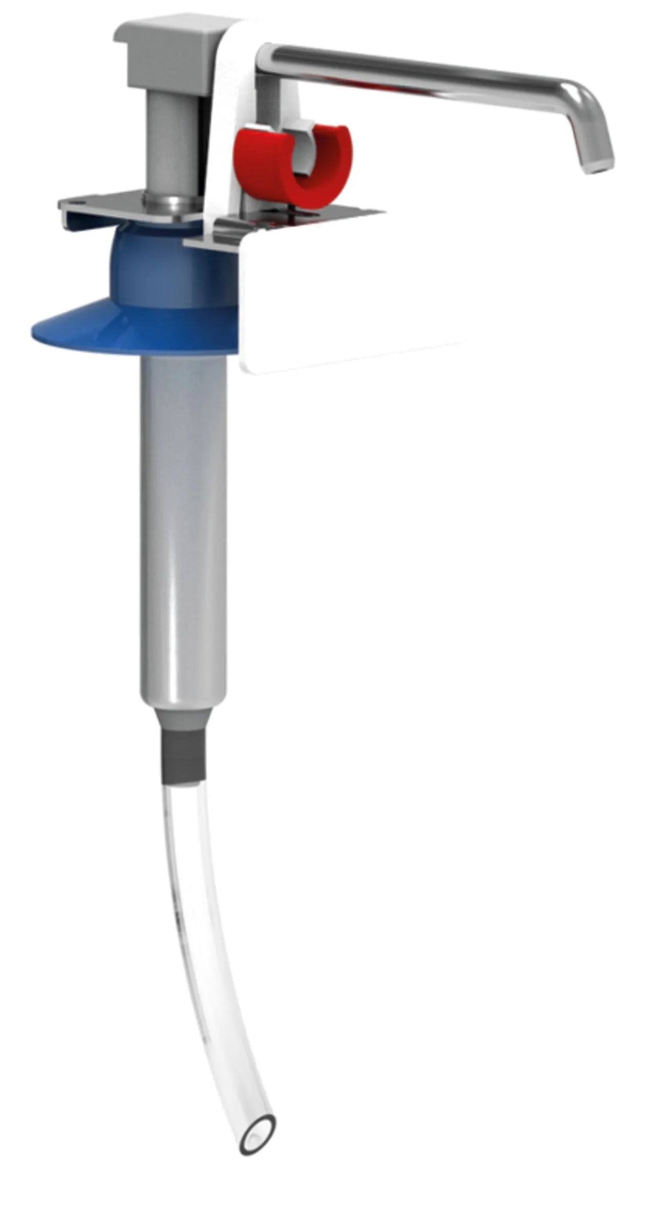 Die Novocal Edelstahlpumpe für Desinfektionsmittelspender 500ml hat ein Design aus Metall und Kunststoff, ein langes transparentes Rohr, einen blauen Halskragen und einen roten Verschluss in der Nähe des Griffs - perfekt für die Abgabe von Desinfektionsmitteln. Verpackung: 1 Stück. Marke: Novocal.